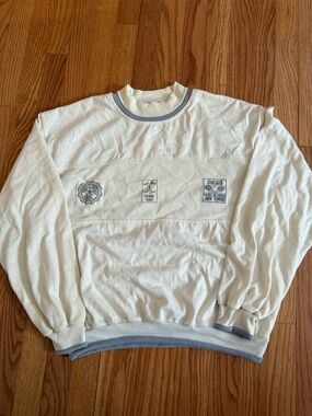 Vintage 80s Cream Crewneck Sweater with Blue Trim